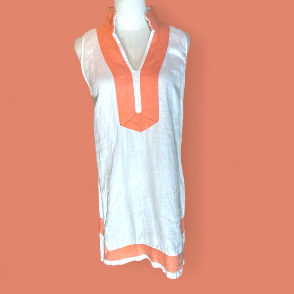 Sail to sable size Small white linen with coral trim V-neck tunic/mini dress‎